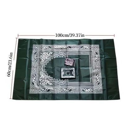 Portable Polyester Prayer Mat for Muslims Square Unnapped Woven Fabric Compass Machine Washable Green