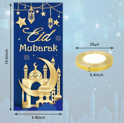 Whaline 100 Pcs Eid Mubarak Cellophane Bags with Ribbon Ramadan Plastic Treat Bags Blue Gold Candy Goodie Bags for Islamic Muslim Party Snack Cookie Packing Supplies - color: Blue Gold