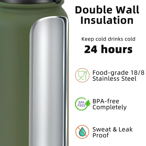 Fanhaw 20 oz Insulated Stainless Steel Water Bottle with Anti-Dust Chug Lid, Leakproof Vacuum Metal Everyday Use Bottle for Kids, Teens & Adults, Back to School Essentials (Olive Green) - color: Olive Green, style: 20 Ounces