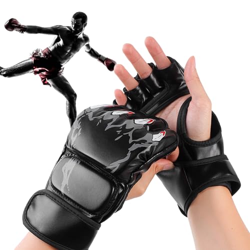 MMA Gloves Grappling Sparring, Half Finger Boxing Fight Gloves, Open Palm Martial Arts Mitts Men Women Boxing Gloves for Sanda Sparring Punching Bag Training - color: Black