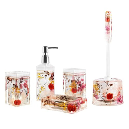 Bathroom Vanity Accessory Set Acrylic Liquid 3D Floating Motion Toothbrush Holder, Tumbler, Soap Dispenser, Soap Dish, Toilet brush, 5-Piece Accessory Set Garden Botanic Pink Plants - size: 5-piece, style: Pink Plant