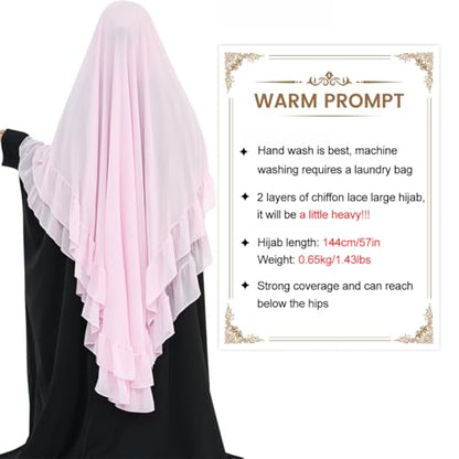 khalat Women's Hijab Chiffon Hijab for Women Muslim 2 Layers Ruffle Lightweight Large Hijab - color: Pink