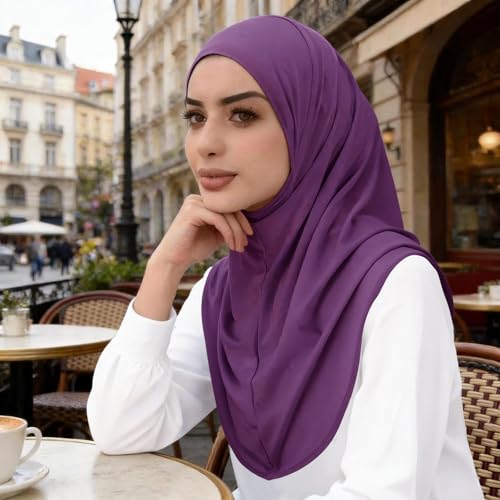 Instant Hijab Ready To Wear Hijab Scarf for Women Soft Long Muslim Jersey Hijabs Head Scarf for Prayer Abaya - color: Purple