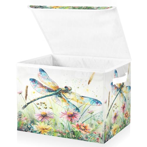 senya Baskets Collapsible Storage Bins with Lids, Dragonfly Wildflowers Painting Storage Boxes Clothes Baskets for Organizing - color: Dragonfly