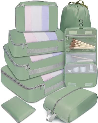 BAGAIL 6 Set/8 Set/10 Set Packing Cubes Various Sizes Packing Organizer for Travel Accessories Luggage Carry On Suitcase - color: 08-Matcha Green, style: 8 Set-middle Mesh