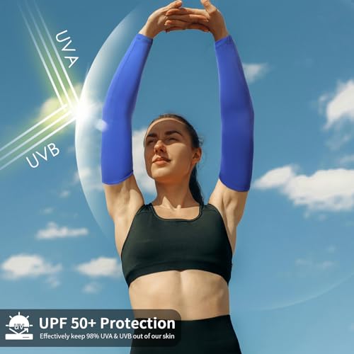 Achiou Cooling Ice Silk Arm Sleeves, Summer UV Sun Protection Compression Sleeves UPF 50+ for Women Volleyball Youth Sports - color: 2 Pairs: 1pair Black,1 Pair Royal Blue