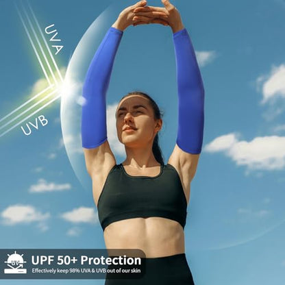Achiou Cooling Ice Silk Arm Sleeves, Summer UV Sun Protection Compression Sleeves UPF 50+ for Women Volleyball Youth Sports - color: 2 Pairs: 1pair Black,1 Pair Royal Blue