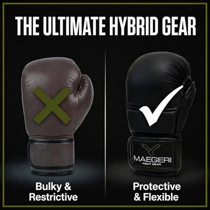 Hybrid MMA Sparring Gloves 7oz, Open Palm with Wrist Support | Comfortable MMA gloves for sparring, striking, grappling and heavy bag training with secure wrist support. - size: Medium