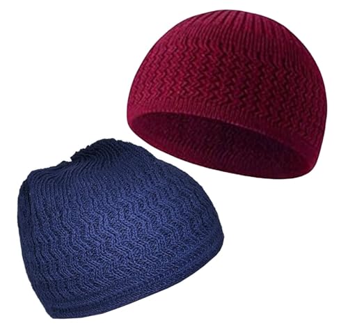 Set 2 Colors Knit Beanie Kufi Hats Muslim Stretchy Skull Caps AMN-026C Islam Cotton Breathable Crochet Hat Eid Ramadan Gift - color: Blue & Red