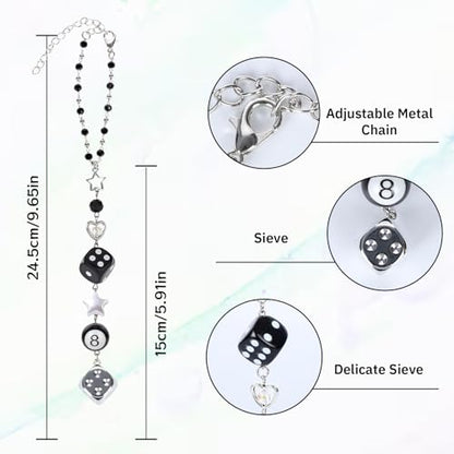 Dice Star Car Charm - Silver Black 8 Ball with Beads Rear View Mirror Charms Cars Accessories, Interior Y2K Aesthetic Hanging Ornament Pendant for Women Men - style: Dice