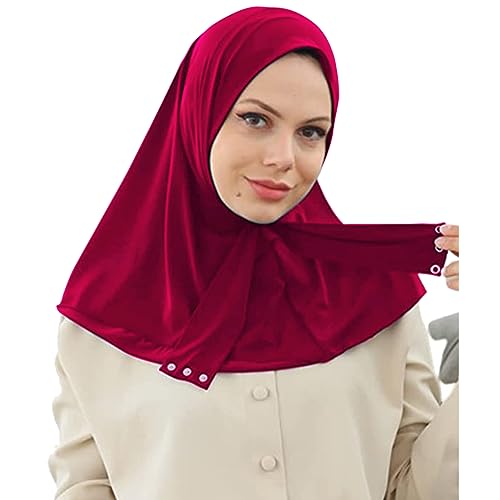 AIBEARTY Women Fashion Instant Muslim Turban Hijab with Snap Fastener Breathable Headscarf Bonnet Cap Turban Hat Shawl - color: Modal Wine Red-3 Buttons