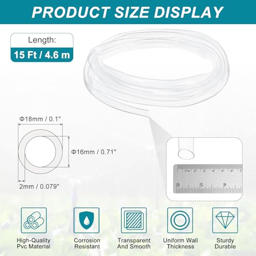 uxcell 5/8 Inch Clear PVC Tubing, 16mm ID x 18mm OD - 15ft PVC Tube Lightweight Vinyl Hose, Transparent Flexible Plastic Water Tubing for Air Oil Water Transfer Aquarium Irrigation - size: 16mm ID x 18mm OD