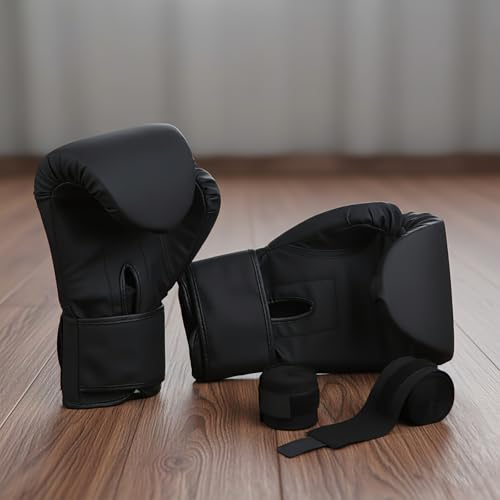 Junkin 6 Pcs Boxing Set 1 Pair of 16oz Gloves and 4 Pcs 118 in Hand Wraps for Adult Boxing Training Shockproof Gloves Training Beginner Practice Muay Thai Kickboxing Gift - color: Black