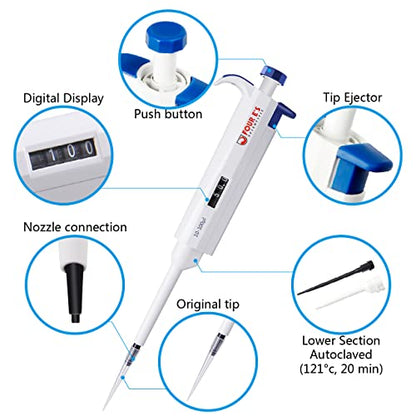 FOUR E'S SCIENTIFIC 10-100μL Pipette, Adjustable Volume Micropipette | Single-Channel Pipettor, Ergonomic Design, Precise Volume Dial - size: 05 (10-100uL)