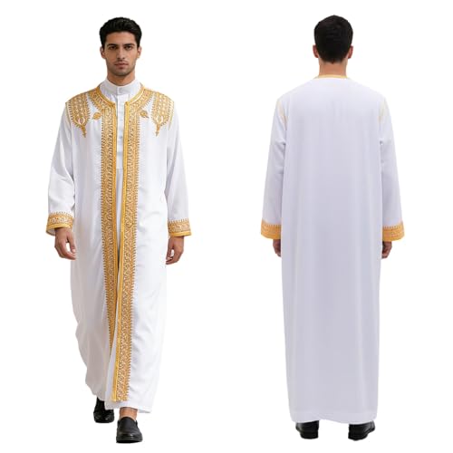 Men's Robe Muslim Clothes Muslim Islamic Pakistan Dubai Abaya Thobe Kaftan Robe Long Gown Ethnic Clothes - color: White, size: 60