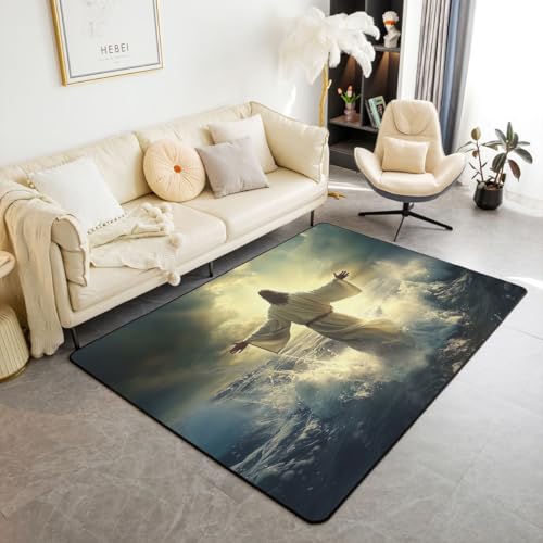 God Embrace Ocean Kids Area Rug,Sunset Sea Waves Ocean Water Indoor Floor Mat Entrance Rug for Girls Boys,Western Bible Verse Spiritual Faith Non Slip Rug,Black Blue Couch Living Room Decor,5'x6'6'' - color: Black Blue, size: 4'11" x 6'7" (Rectangular)