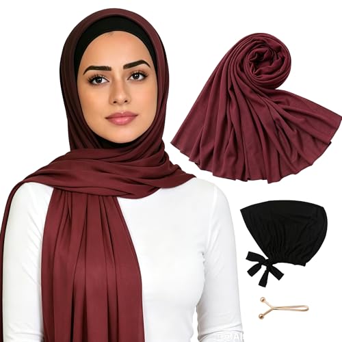 Hijab Scarf for Women, 3PCS Set with Undercap and Hijab Clip Lightweight Modal Muslim Head Wrap Scarf for Daily - color: Sy25-burgundy Hijab+black Undercap