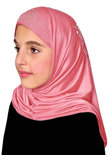 Aiyah Hijab for Girl's 1 piece Elastane-Spandex Amira Head Scarf with Rhinestones Easy Pull-on Headscarf - color: Medium - Pink, size: Medium