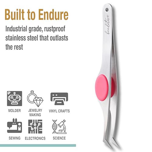 Beaditive High Precision Angled Tip Tweezers with Cushion Grip - 4.7" Craft Tweezers for Sewing, Beading & DIY Crafts - Non-Serrated Jewelry Tweezers with Fine Angled Tips - Stainless Steel (Fuchsia) - color: Fuchsia