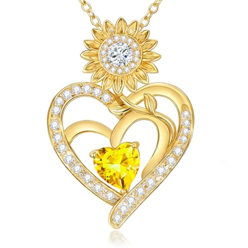 Midari Sunflower Necklace 18k Gold Plated Heart with Brithstone You Are My Sunshine Necklace Anniversary Birthday Sunflower Jewelry Gift for Women Wife Mom - color: 11-November