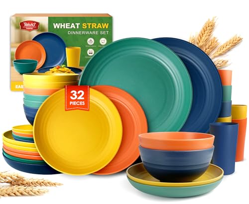 Teivio 32-Piece Plates and Bowls Sets for 8, Wheat Straw Dinnerware Sets - color: Autumn Multicolor