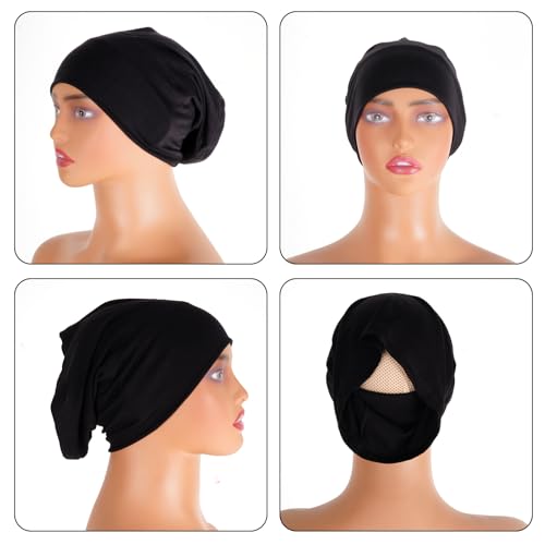 Sucrain 2PCS Under Scarf Hat Cap Islamic Muslim Hijab Headscarf Elastic Wide Headband Lightweight Hats Breathable Liner - color: Black