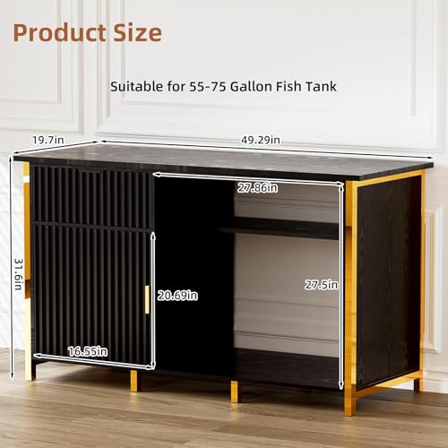 55-75 Gallon Fish Tank Stand with Power Outlets, LED Light, Vertical Lines, Heavy Duty Aquarium Stand with Cabinet for Fish Tank Accessories Storage, Turtle Tank, Reptile Terrarium (Black and Gold) - color: Black and Gold