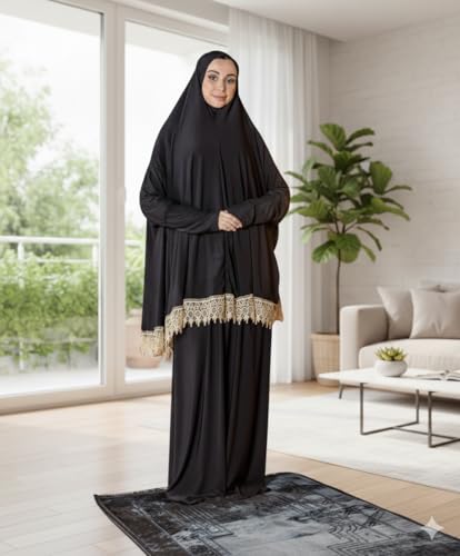 Women's Prayer Dress 2 Pieces Solid Color Plus Long Sleeve | One-Size | Hijab Abaya Suit - color: Black