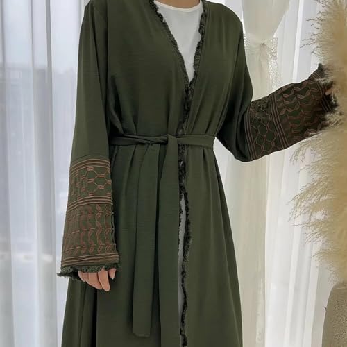 Muslim Dresses for Women Ramadan Kimono Long Sleeve Embroidered Islamic Cardigan Prayer Dress Abaya Kaftan with Belt - color: Green, size: Large