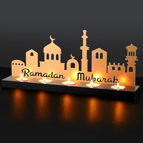 MorningRo Ramadan Mubarak Decorations Islamic Candle Holder with 5 Tea Candles Eid Mubarak Metal Sign with Wood Base Ramadan Kareem Table Centerpieces Eid Al Fitr Muslim Party Gifts - style: Classic