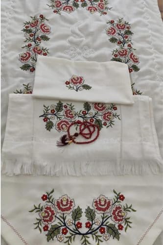 SODEF Kanavice Embroidered Bohça Set Burgundy, Includes 35.4 x 35.4 in Pouch, 29.5 x 49.2 in Prayer Rug, 19.7 x 35.4 in Cotton Towel, Slippers Bag, Burgundy, Traditional Turkish Gift Set - Burgundy