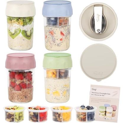 SOLIGT 4 Pack Overnight Oats Containers with Lids, Folding Spoons and Divided Compartments for Fruit & Nuts, Small Glass 16oz Mason Jars for Oatmeal (4 Set-Oat White/Green/Rose/Blue) - color: 4 Set-Oat White/Organic Green/Rose Pink/Sky Blue