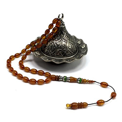 EXCLUSIVE COLLECTION -Handmade Silver Engraved Bakelite Tesbih, Tasbih, Islamic Rosary, Islamic Prayer Beads, Misbaha (7x10 mm 33 Honey Color Rice Beads) - color: 7x10 mm 33 Honey Color Rice Beads