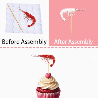 Shrimp Cupcake Topper for Marine Animals Theme Party Favors Decorations Men Women Happy Birthday Retirement Party Decor Supplies set 18pcs Red Glitter Silhouette
