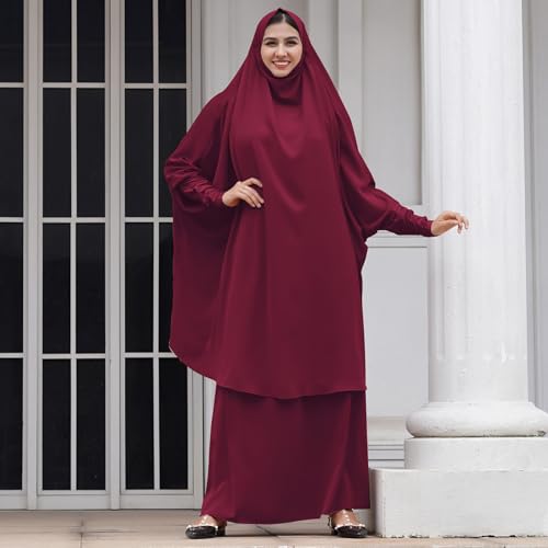 Abayas for Women Muslim Chiffon Prayer Burqa Dress Burkas for Women Muslim Hijab Dress Full Length Islamic Veil Abaya Set - color: Red
