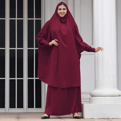 Abayas for Women Muslim Chiffon Prayer Burqa Dress Burkas for Women Muslim Hijab Dress Full Length Islamic Veil Abaya Set - color: Red