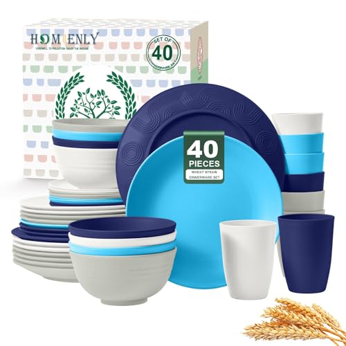 Homienly 40 PCS Wheat Straw Plates and Bowls Sets, Cups Sets, Service for 8, Unbreakable Microwave and Dishwasher Safe Dinnerware Sets,Reusbale Plastic Dishes Set - Island, Matte - color: Island Matte, size: 40 PCS