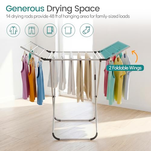 GOFLAME Clothes Drying Rack, Laundry Drying Rack with 2 Foldable Wings, 14 Drying Rods, Free-Standing Collapsible Laundry Airer for Clothes, Towels, Bed Linens, Indoor Outdoor Use, No Assembly Needed - size: 41” x 37” x 41”