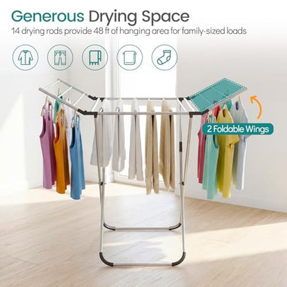 GOFLAME Clothes Drying Rack, Laundry Drying Rack with 2 Foldable Wings, 14 Drying Rods, Free-Standing Collapsible Laundry Airer for Clothes, Towels, Bed Linens, Indoor Outdoor Use, No Assembly Needed - size: 41” x 37” x 41”