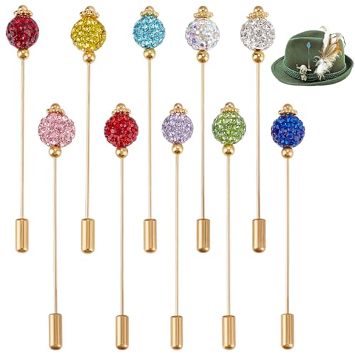 BENECREAT 10 Colors Rhinestone Beads Hat Pins, 3inch Long Brass Lapel Pins, Elegant Hair Suit Pins for Women Brooches Decorative Tie Hats Scarf DIY Crafts Jewelry