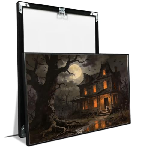 Gothic Haunted Mansion Halloween Wall Art Spooky Night Full Moon Dog Porch Water Reflection Canvas Poster Print Home Decor - color: Nature21, size: 8x12in Black Framed