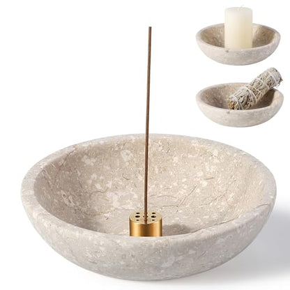 Koville Natural Marble Incense Holder, Incense Holder for Sticks with 9 Holes, Handmade Incense Burner Ash Catcher for Meditation Yoga SPA, Balsam Fir/Palo Santo/Sage/Cone (RoyalBeige) - color: D=150-royalbeige