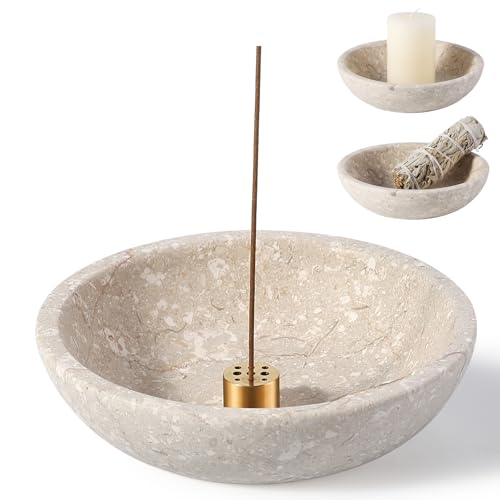 Koville Natural Marble Incense Holder, Incense Holder for Sticks with 9 Holes, Handmade Incense Burner Ash Catcher for Meditation Yoga SPA, Balsam Fir/Palo Santo/Sage/Cone (RoyalBeige) - color: D=150-royalbeige