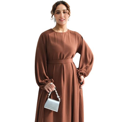 Muslim Women Abaya Dress Breathable Front Zipper&Pockets&Belt Prayer Robe - color: Coffee, size: X-Large