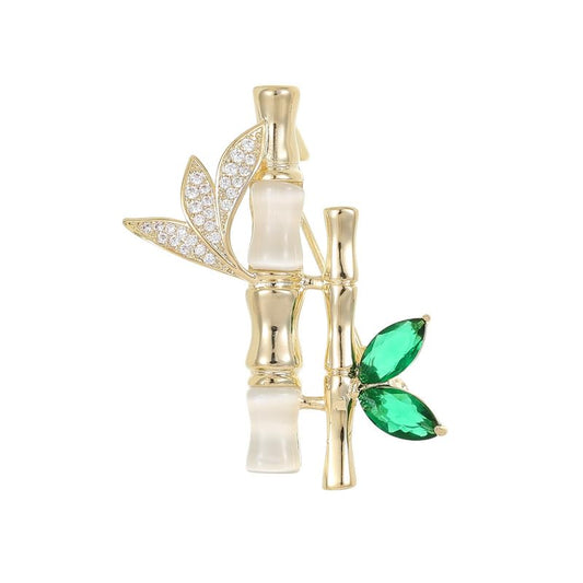 Chic 14K Gold Handmade Bamboo Gemstone Brooch with Moissanite Embellishments and Botanically Inspired Shawl Pin, Ideal Holiday Accessory - color: White