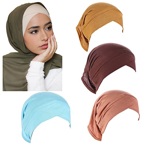 4 Pieces Muslim Inner Hijab Cap for Women Cross Turban Underscarf Undercap Bonnet Islamic Jersey Tube Caps - color: Yellow+coffee+blue+pink