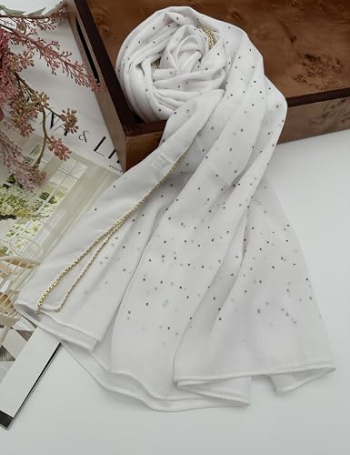 Hijab for Women Premium Chiffon Hijab Rhinestone Hijab Scraf for Women Muslim - color: White