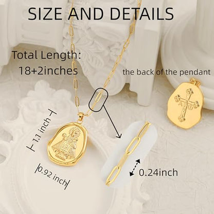 POTESSA 18K Gold Plated Pendant Necklace Medallion Coin Heart Y Shaped Chain Toggle Necklace for Women Jewelry - color: Golden Mary Cross
