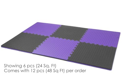 Xspec 1" Extra Thick 48 sq ft Reversible EVA Gym Foam Floor Mat Tiles (24" x 24"), Steel Pattern, 12 pcs, Black/Purple - color: Black/Purple