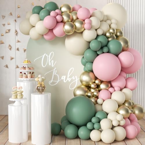 MEBAY Sage Green Pink Balloon Arch Kit, 166Pcs Olive Green Blush Pink Metallic Gold White Sand Balloons Garland for Baby Shower Wedding Birthday Jungle Safari Woodland Party Decorations - color: Green-pink-white